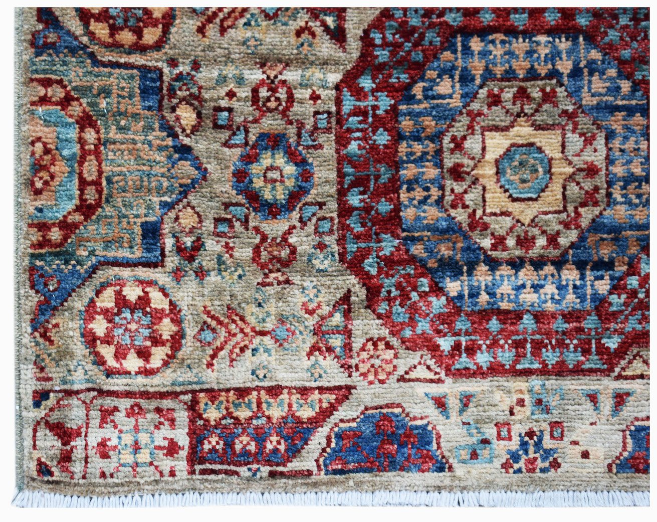 Handmade Afghan Chobi runner featuring a traditional Mamluk medallion design in red and blue.