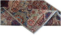 A handmade Afghan Chobi runner rug featuring a traditional Mamluk medallion pattern in red and blue.