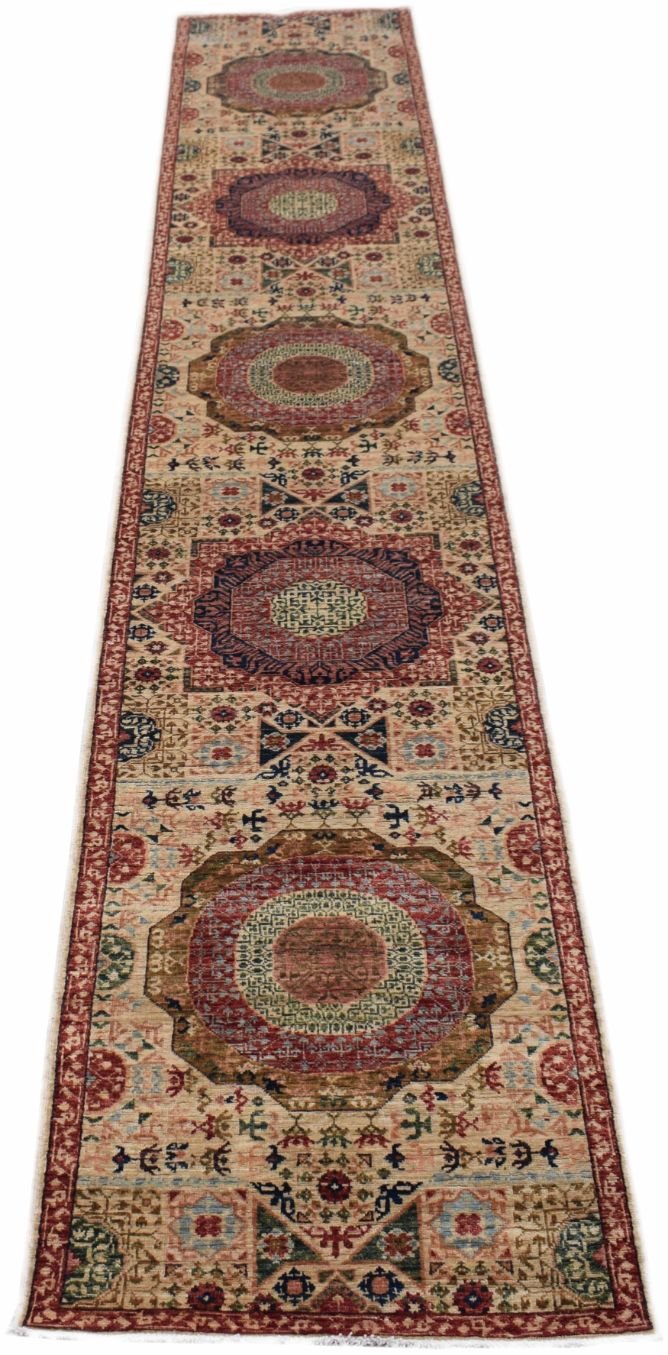 Handmade Afghan Chobi runner rug featuring a series of intricate geometric medallions.
