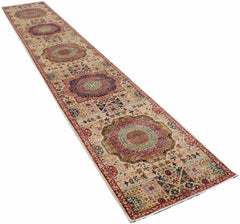 A long, handmade Afghan Chobi runner featuring a series of intricate, colorful Mamluk medallions.