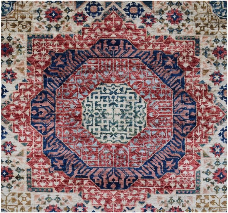 Handmade Afghan Chobi runner featuring a traditional Mamluk medallion design in red and blue.