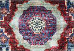 A handmade Afghan Chobi runner featuring a complex blue and red Mamluk medallion design.