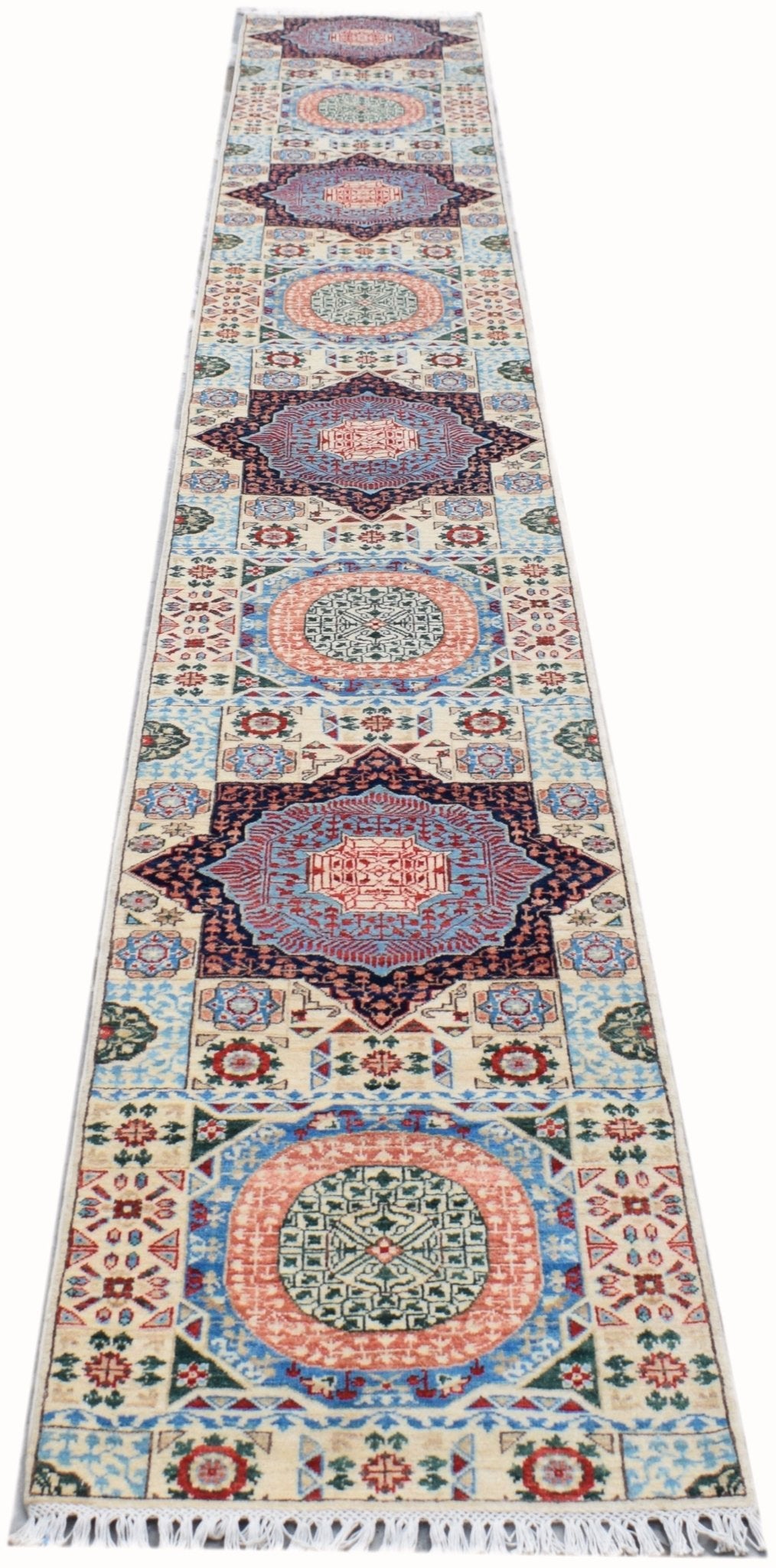 Handmade Afghan Chobi runner rug featuring a repeating Mamluk medallion pattern in wool.
