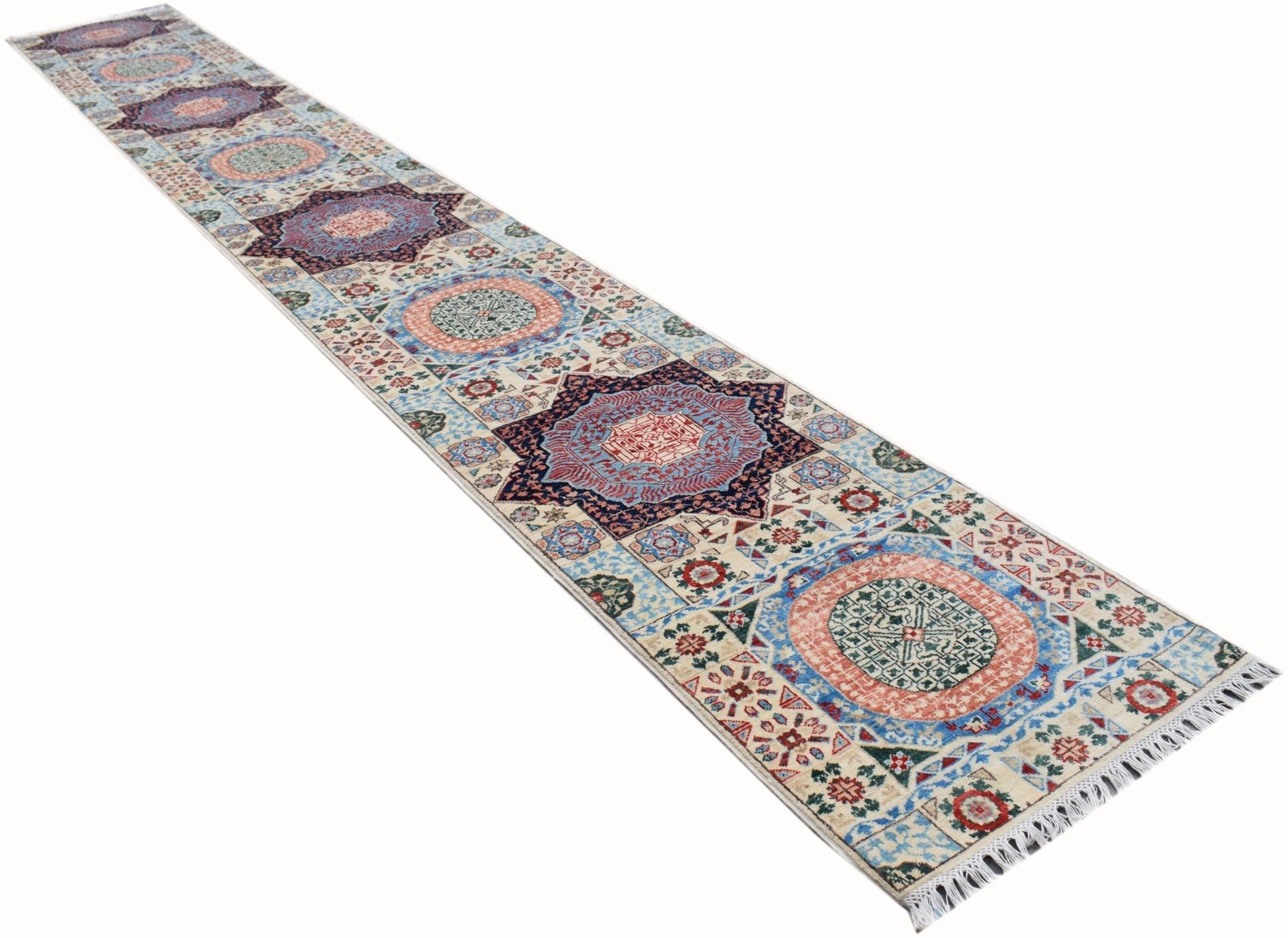 A long, handmade Afghan Chobi runner rug featuring intricate Mamluk-style medallions and patterns.