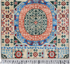 A handmade Afghan Chobi runner featuring a central geometric medallion in red, blue, and green.