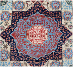 A handmade Afghan Chobi runner featuring a complex geometric Mamluk medallion in blue and red.