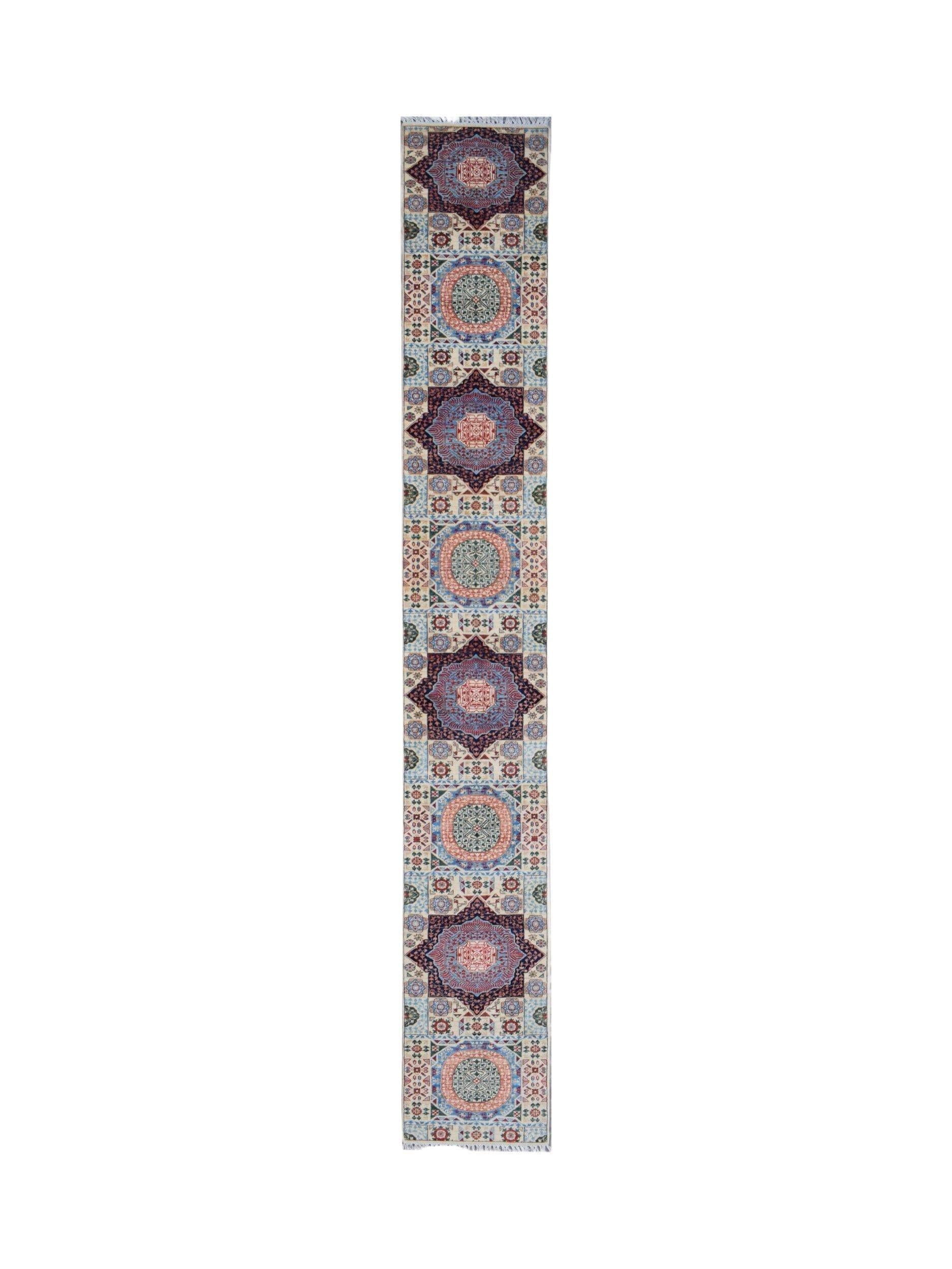A handmade Afghan Chobi runner rug featuring repeating geometric medallions in blue and red tones.