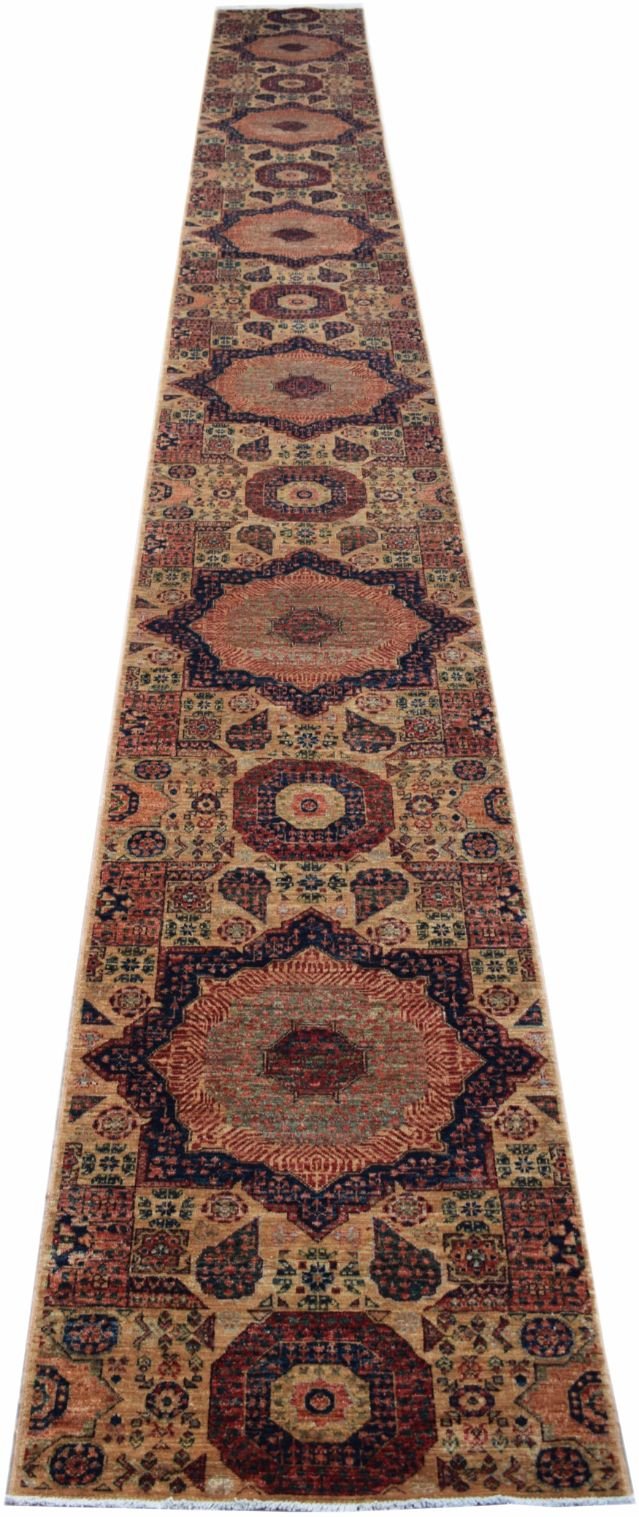 A long, handmade Afghan Chobi runner rug featuring intricate Mamluk-style medallions in warm tones.