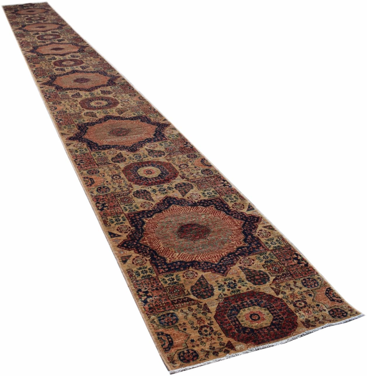 A long, handmade Afghan Chobi runner rug featuring intricate Mamluk-style medallions in warm tones.