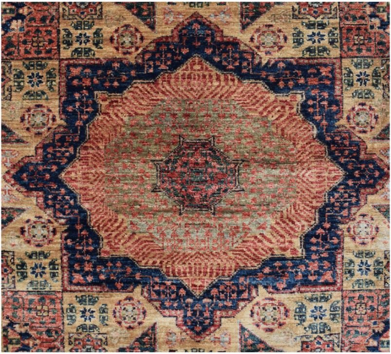 Handmade Afghan Chobi runner featuring a traditional Mamluk medallion design in red and blue.