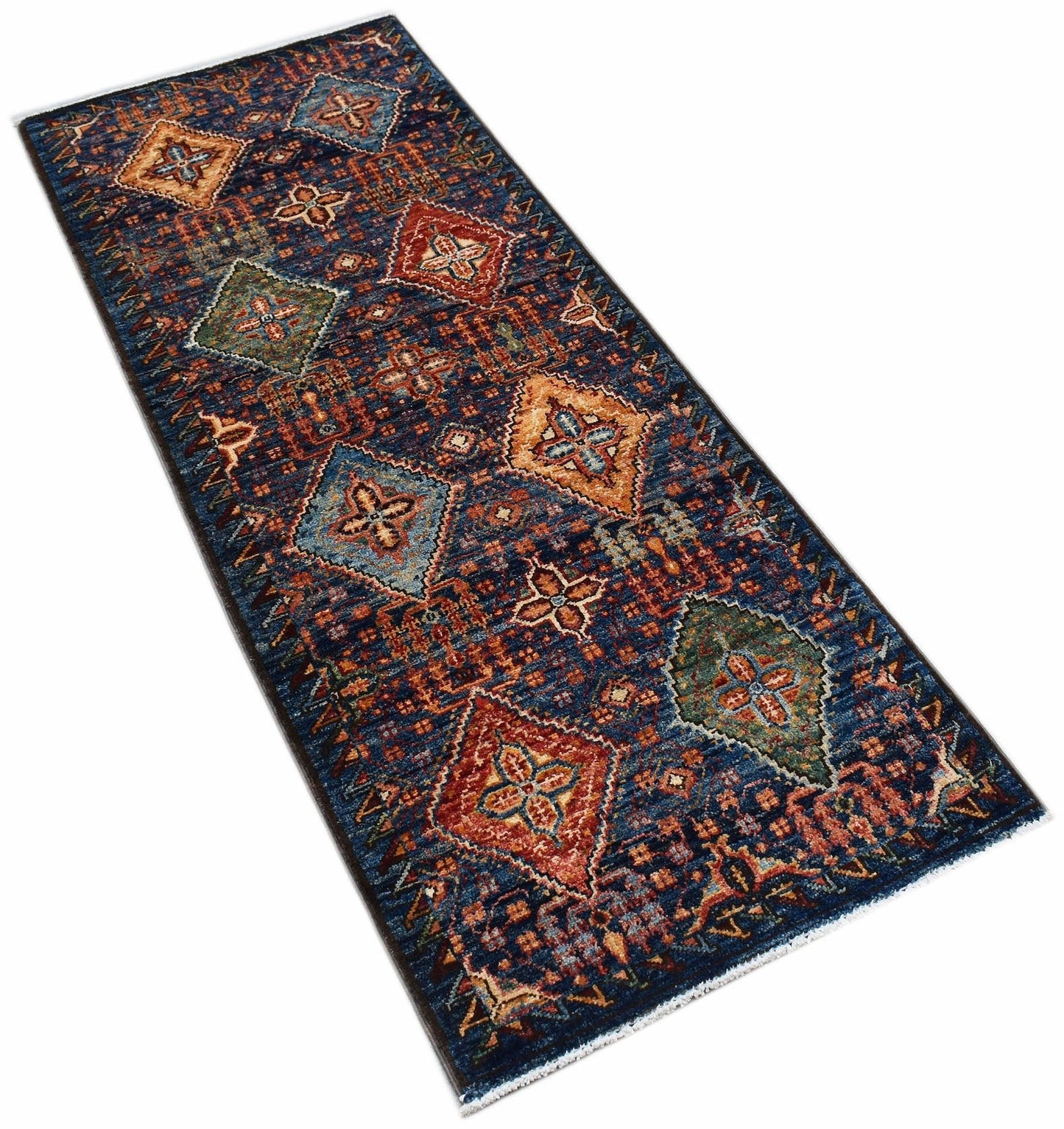An Afghan Chobi runner rug featuring a traditional geometric pattern in blue, red, and gold tones.