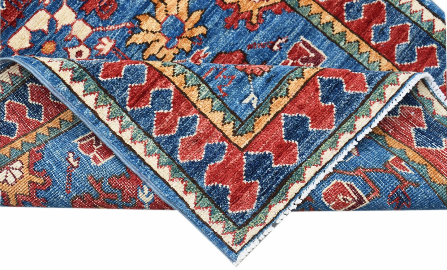 A hand-knotted Afghan Chobi runner featuring a traditional floral pattern in blue, red, and gold.