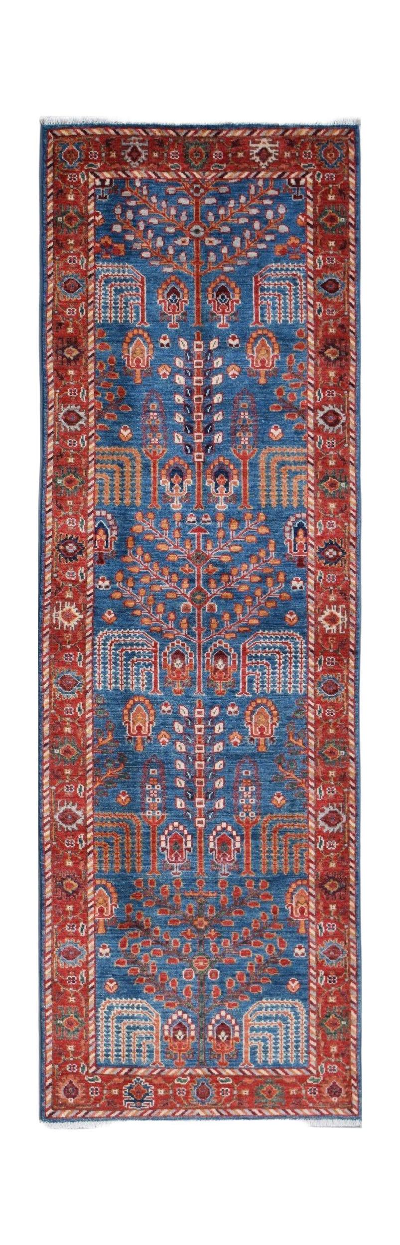 A rectangular Afghan Chobi runner rug featuring a blue field with intricate red floral motifs.