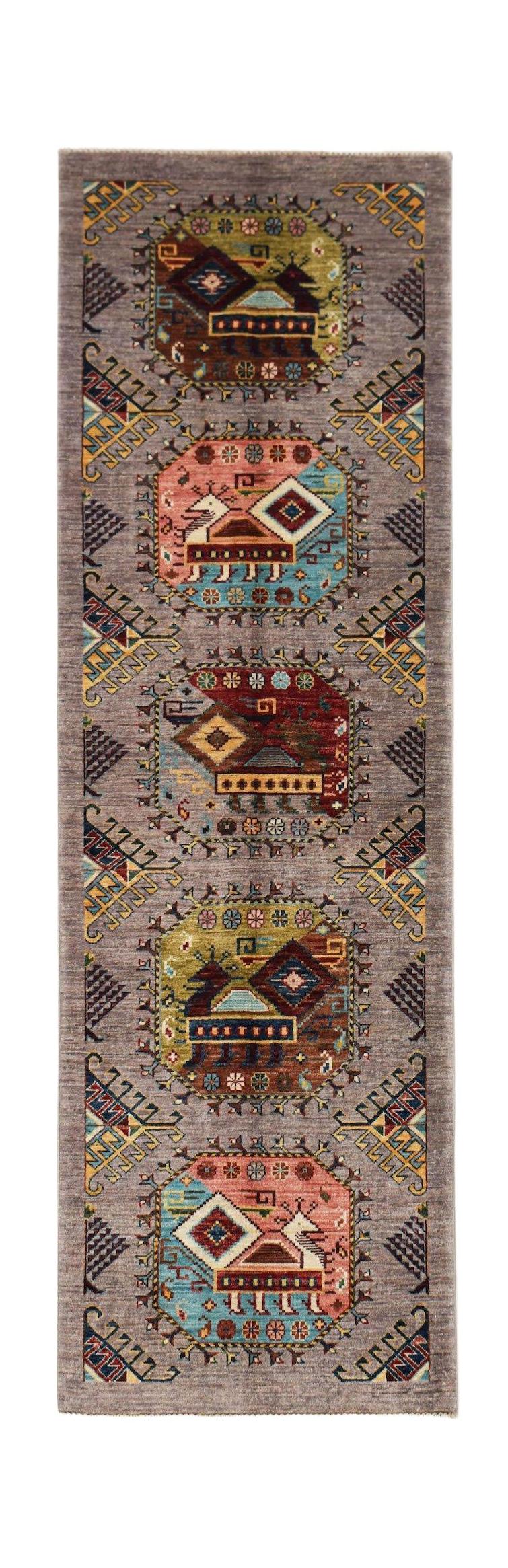 An Afghan Chobi runner rug featuring five geometric medallions on a grey wool background.