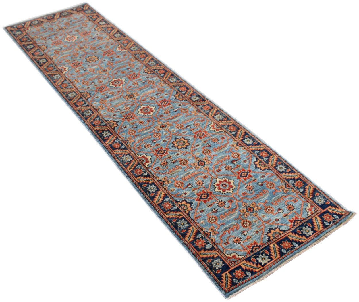 An Afghan Chobi runner rug featuring a traditional floral pattern in blue, red, and beige tones.