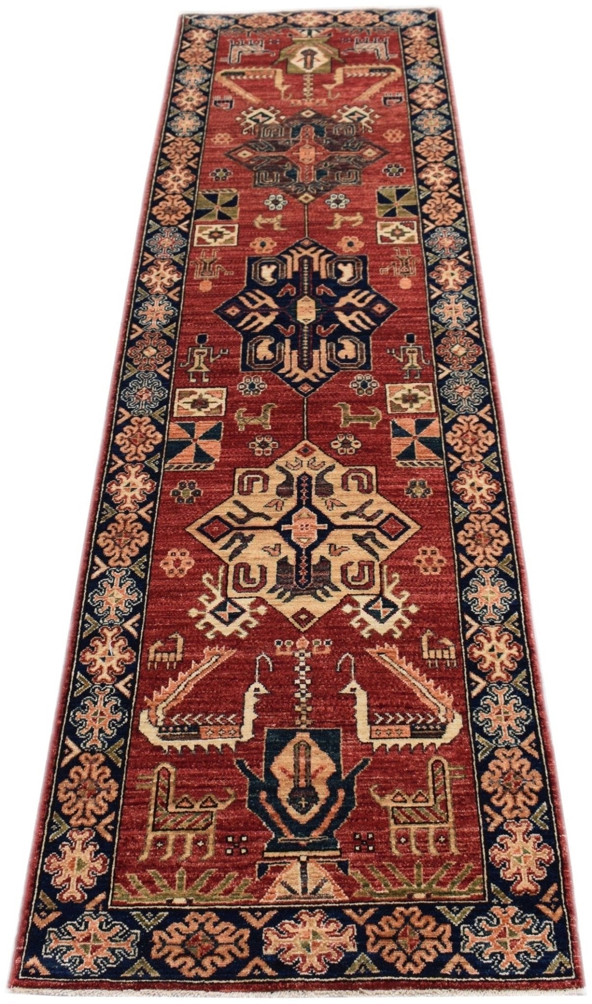 Handmade Afghan Chobi runner rug featuring traditional geometric patterns in red and blue tones.