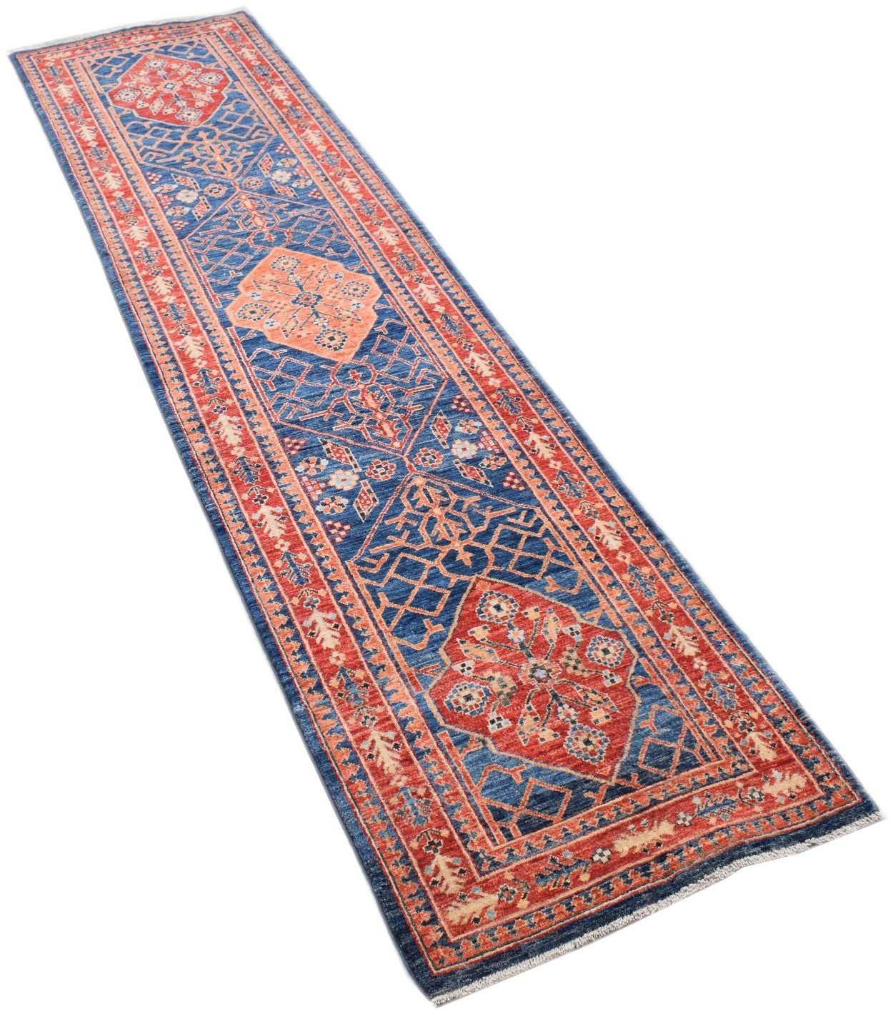 Handmade Afghan Chobi runner rug featuring a traditional geometric pattern in blue and red tones.