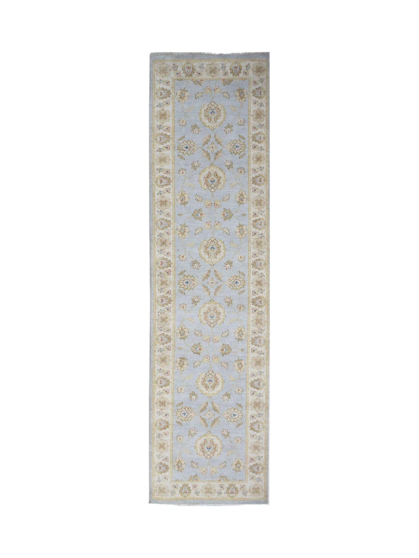 A handmade Afghan Chobi runner rug featuring a traditional floral pattern in soft blue and beige.