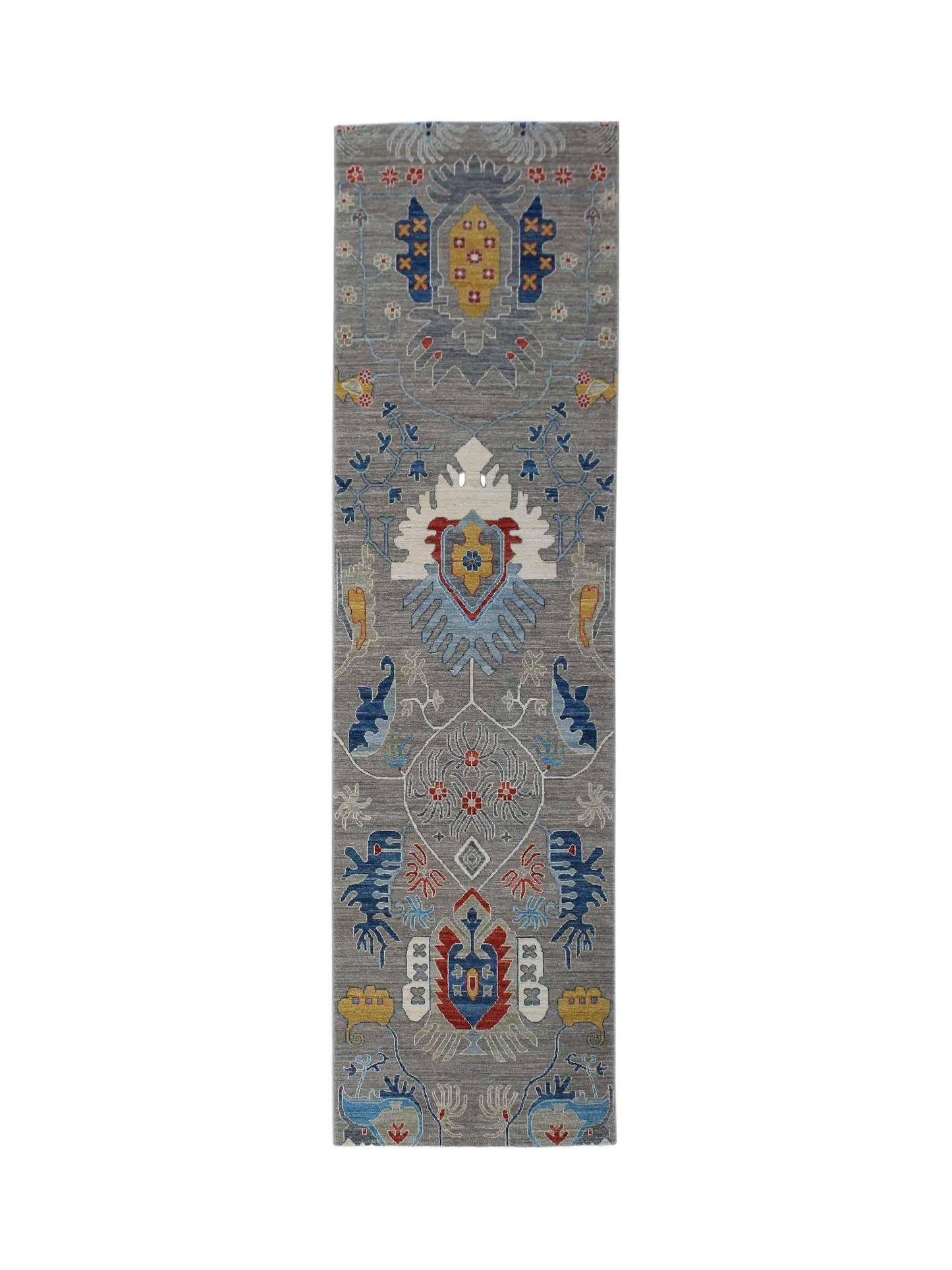 An Afghan Chobi runner rug featuring traditional floral motifs in blue, red, and yellow on grey.