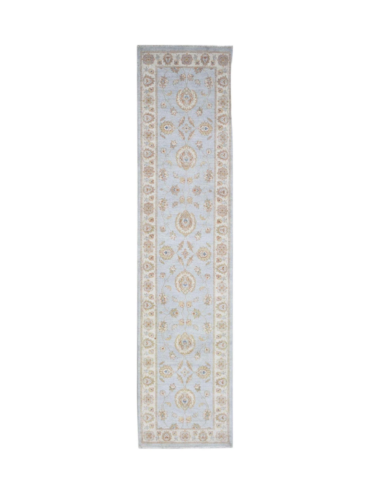 A handmade Afghan Chobi runner rug featuring a traditional floral pattern in soft blue and beige.