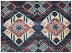 Handwoven Afghan Chobi runner featuring a geometric diamond pattern in blue, red, and cream tones.