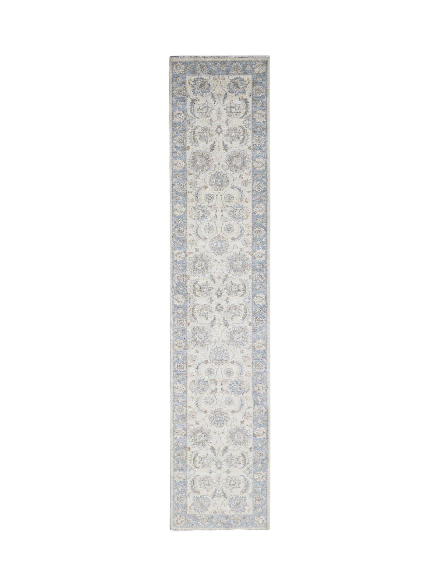 An Afghan Chobi runner rug featuring a traditional floral pattern in soft blue and beige tones.