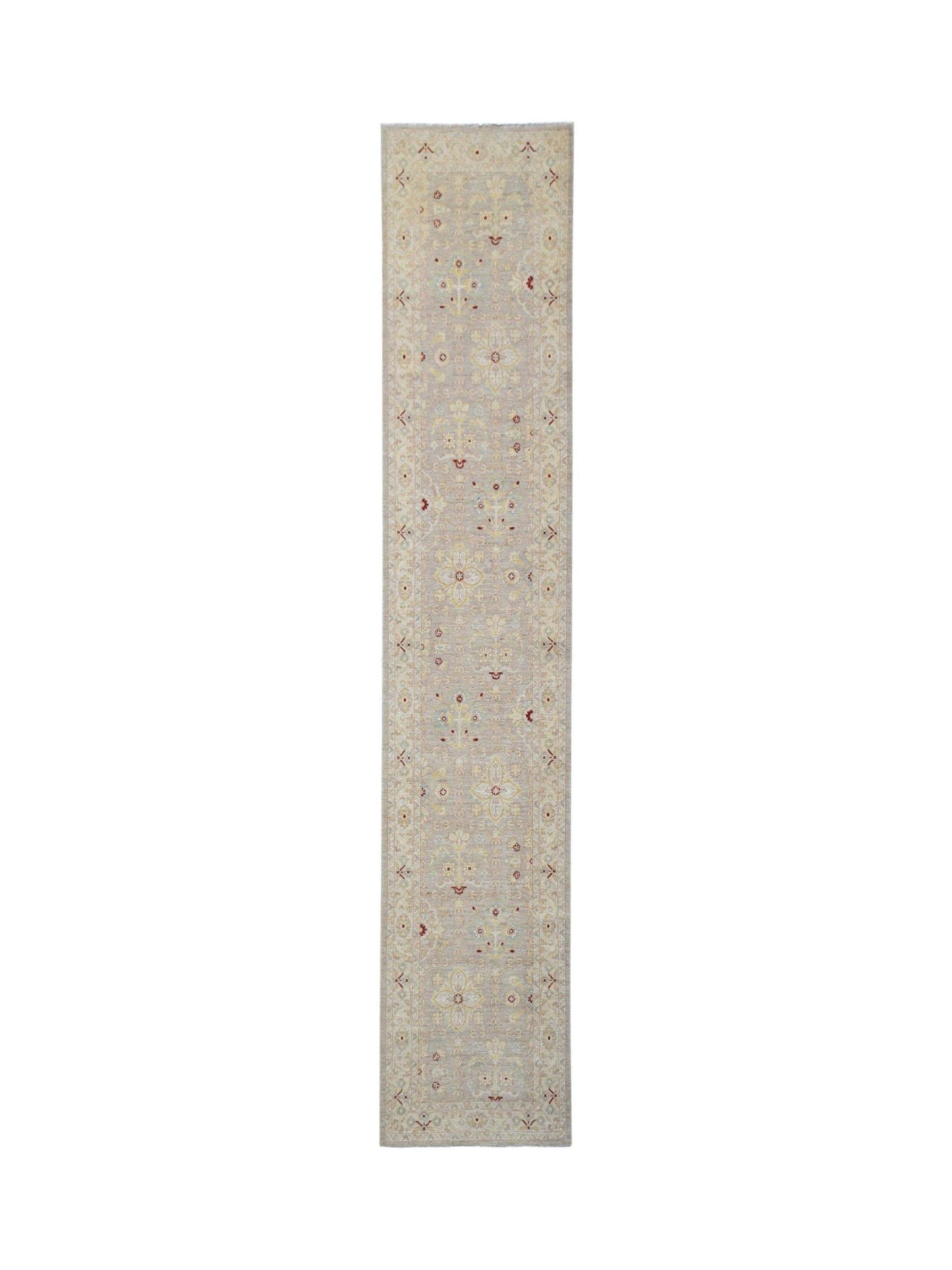 A hand-knotted Afghan Chobi runner featuring traditional floral patterns in soft, earthy tones.