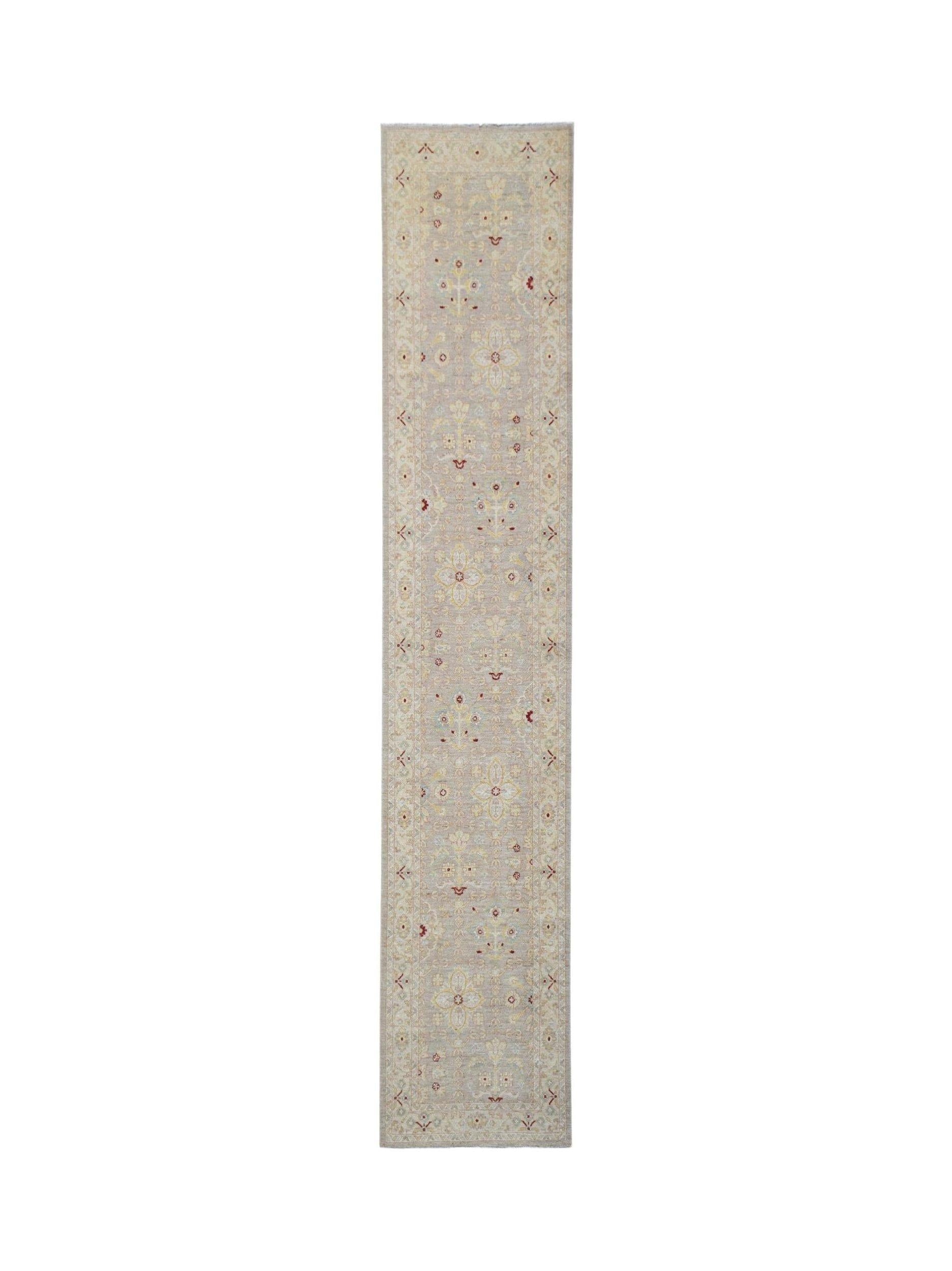 A hand-knotted Afghan Chobi runner featuring traditional floral patterns in soft, earthy tones.