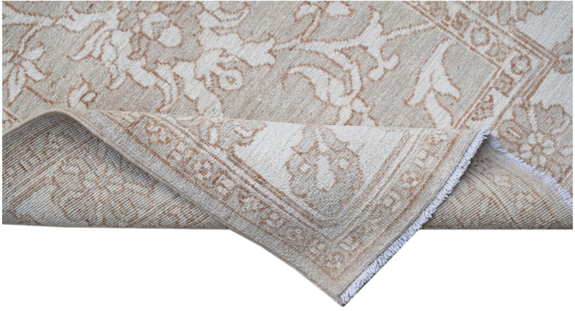 A hand-knotted Afghan Chobi runner featuring a traditional floral pattern in beige and cream tones.