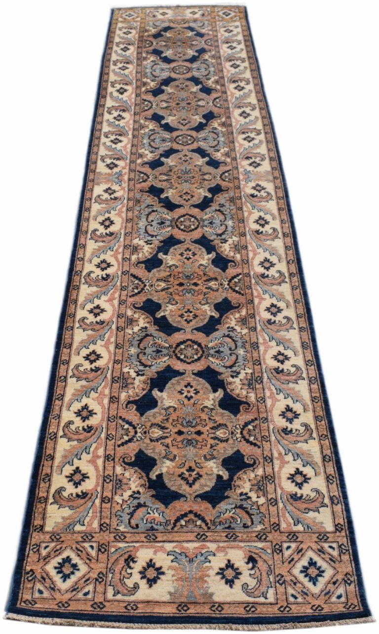 A handmade Afghan Chobi runner rug featuring a traditional floral pattern in blue and tan tones.