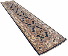 A long, handmade Afghan Chobi runner rug featuring traditional floral patterns in blue and beige.