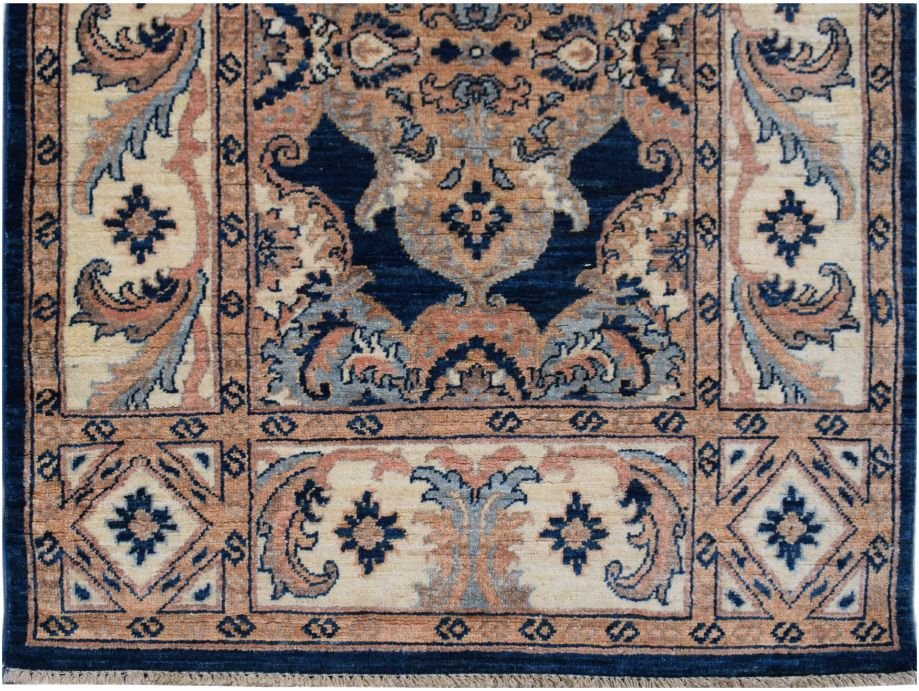 Handmade Afghan Chobi runner featuring traditional floral patterns in blue, tan, and cream tones.