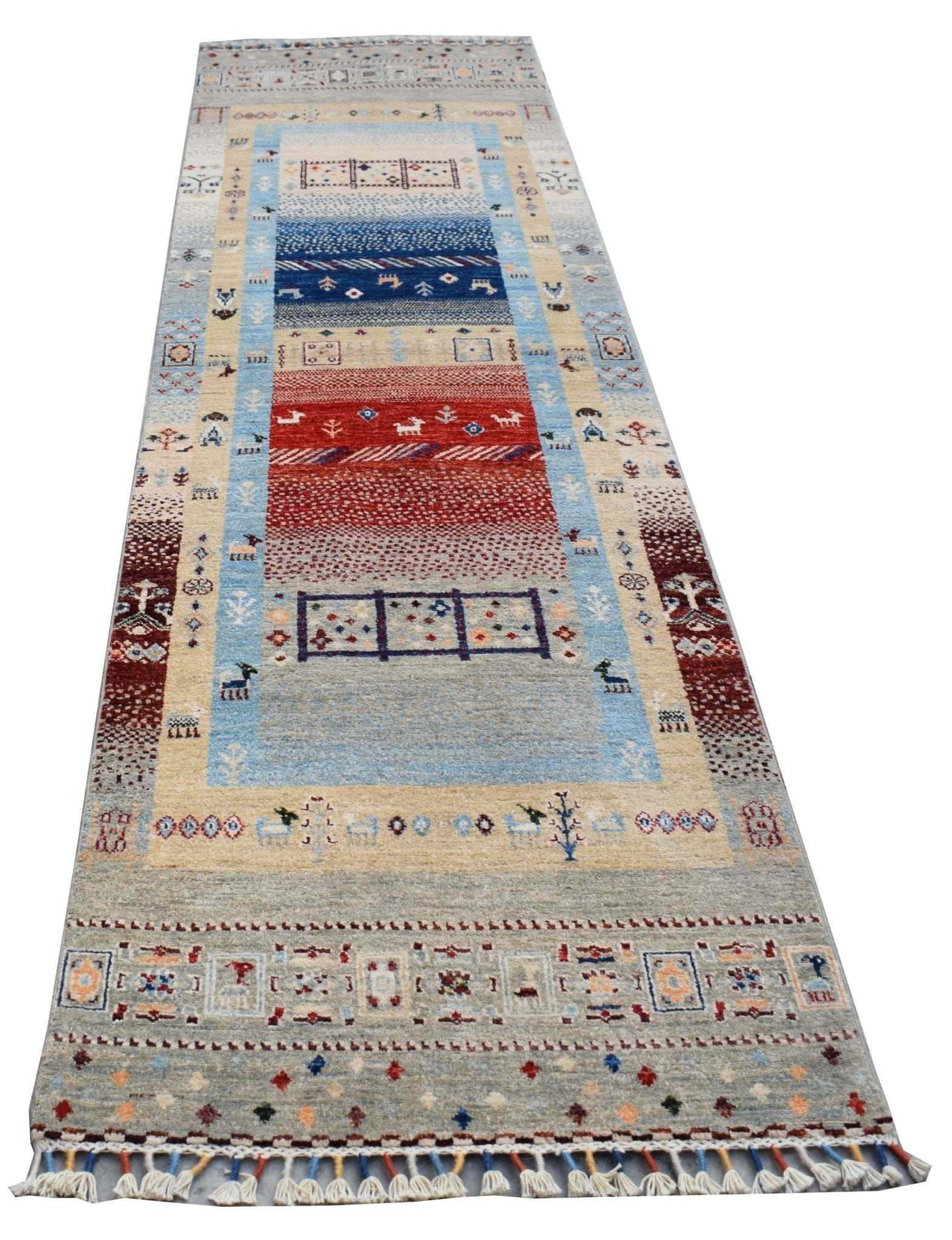 Handmade Afghan Chobi runner rug featuring a geometric pattern in blue, red, and beige tones.