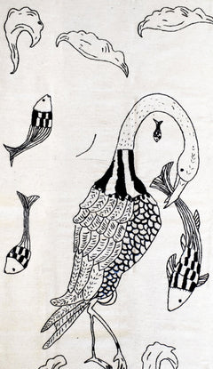 Hand-embroidered wool kilim featuring a black and white line art design of a bird and fish.