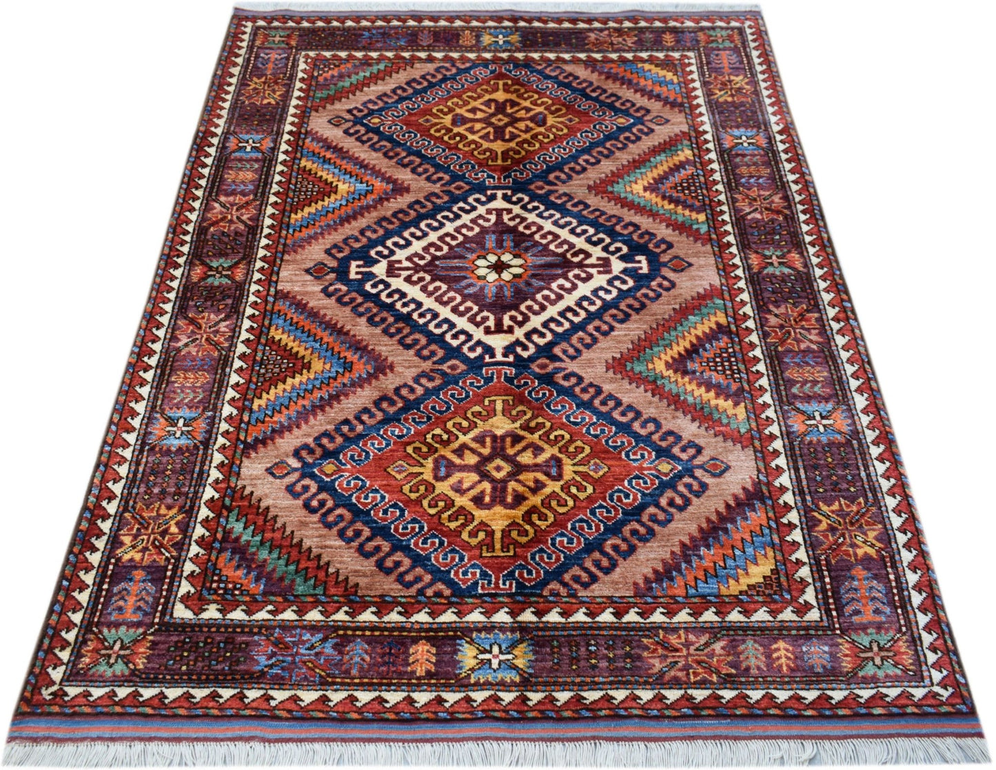 A rectangular Afghan Herati rug featuring a geometric diamond pattern in earthy tones.