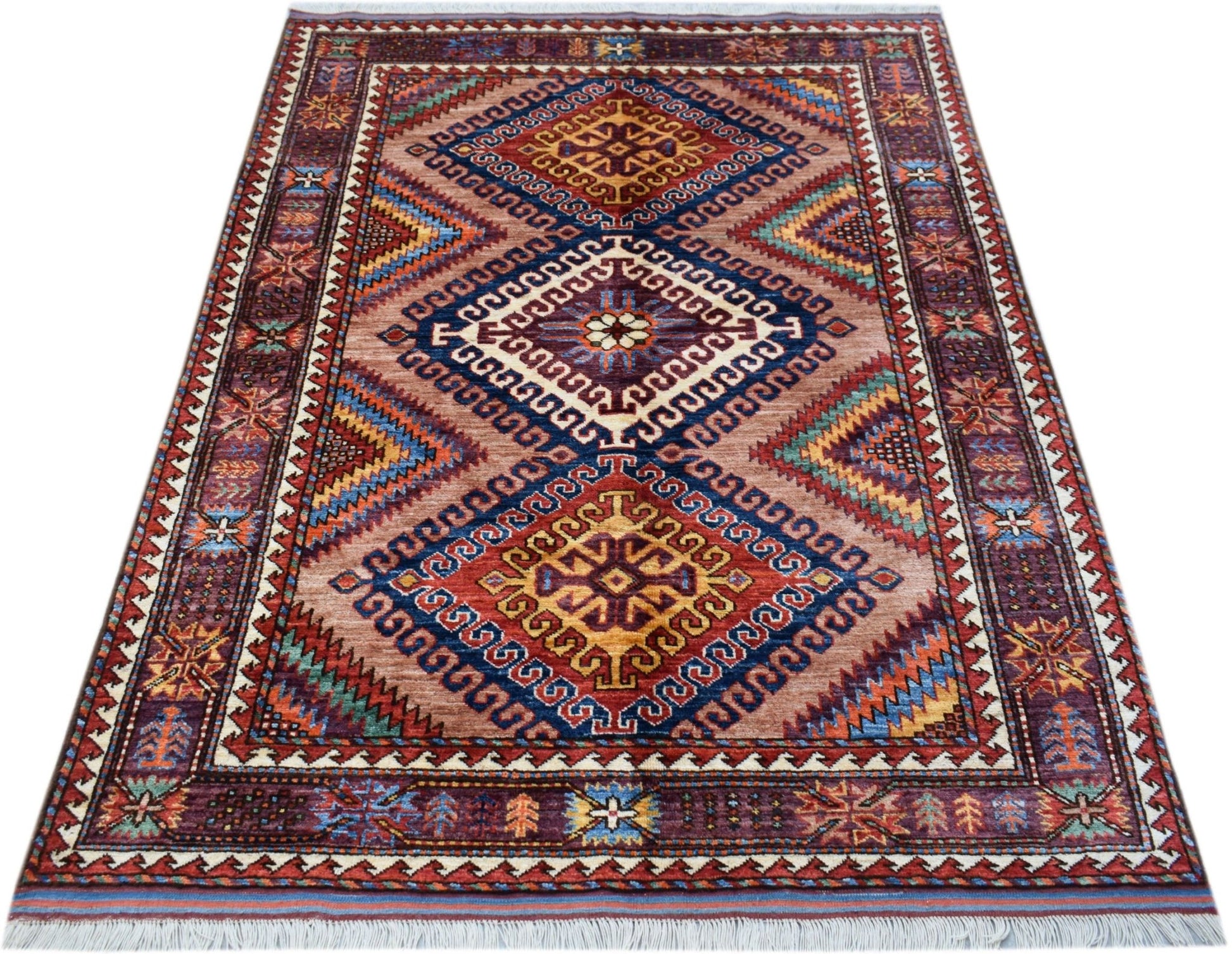 A rectangular Afghan Herati rug featuring a geometric diamond pattern in earthy tones.