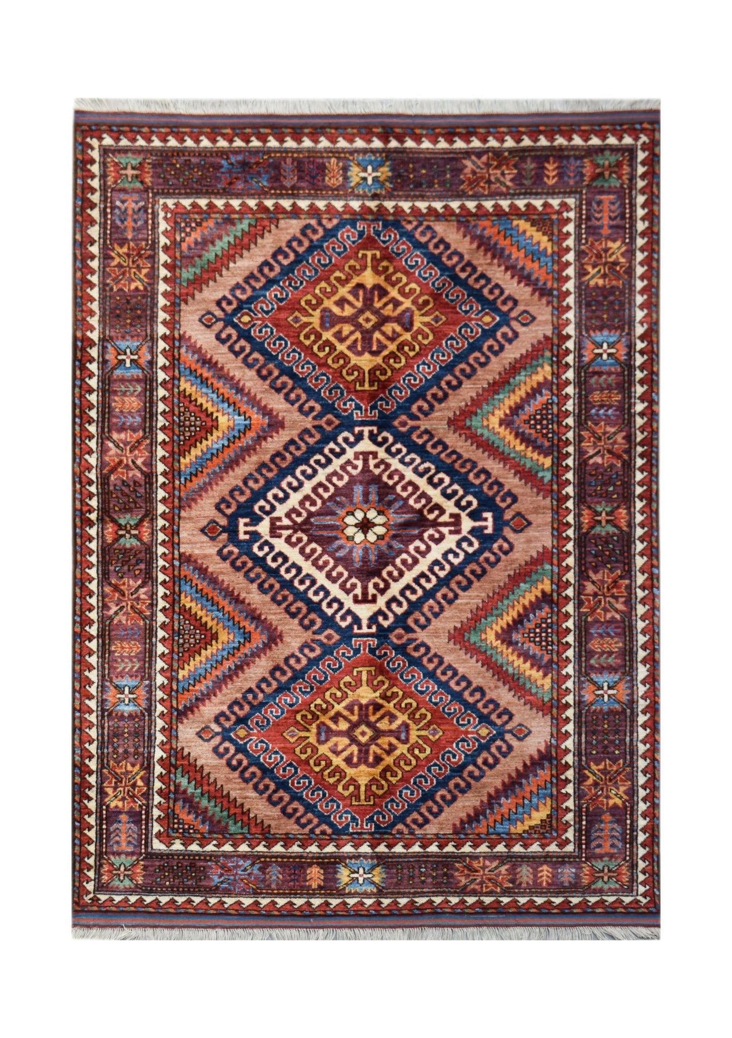 Handwoven Afghan Herati rug featuring a geometric diamond pattern in earthy tones on a wool pile.