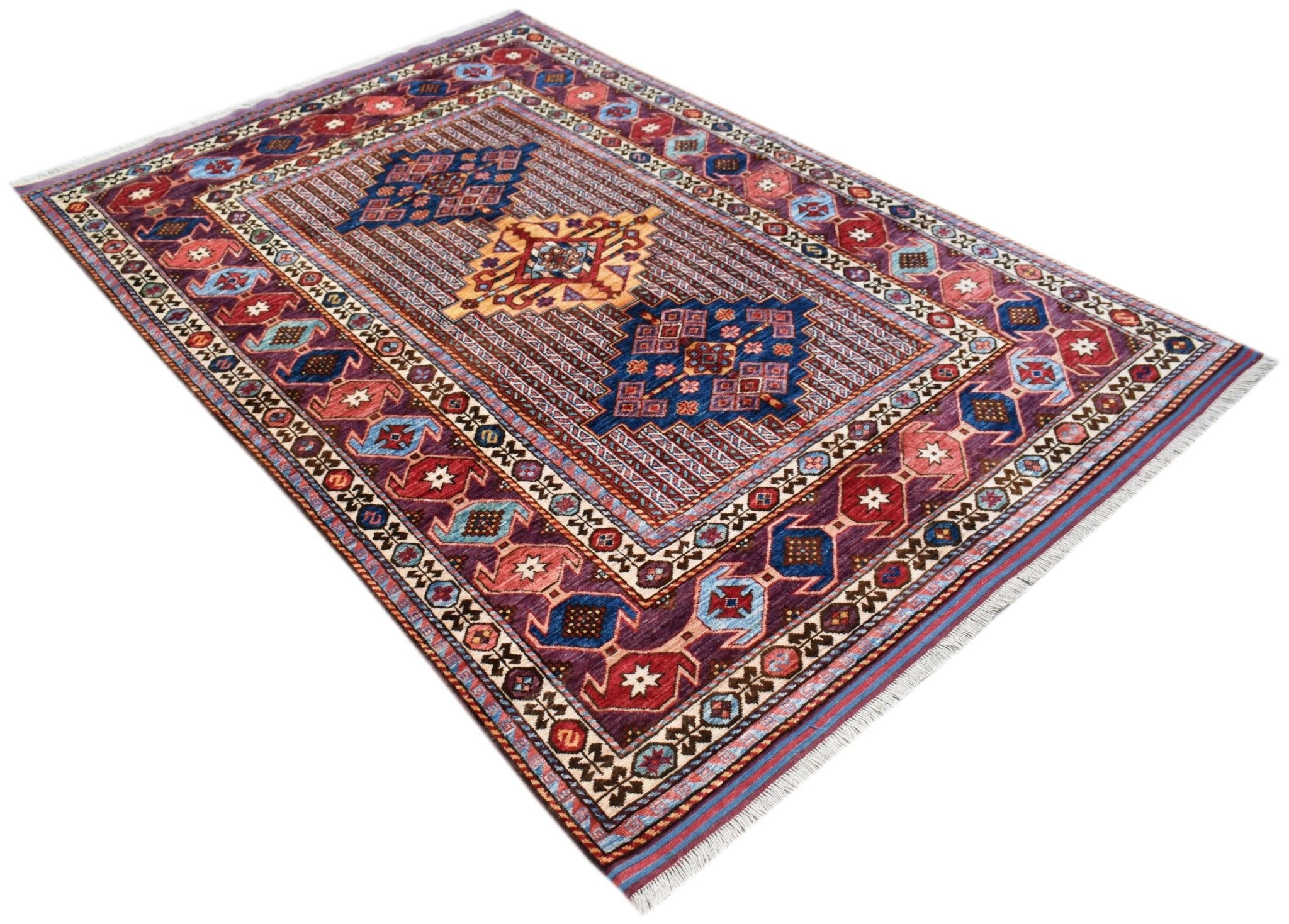 A rectangular Afghan Herati rug featuring intricate geometric patterns in shades of red and blue.