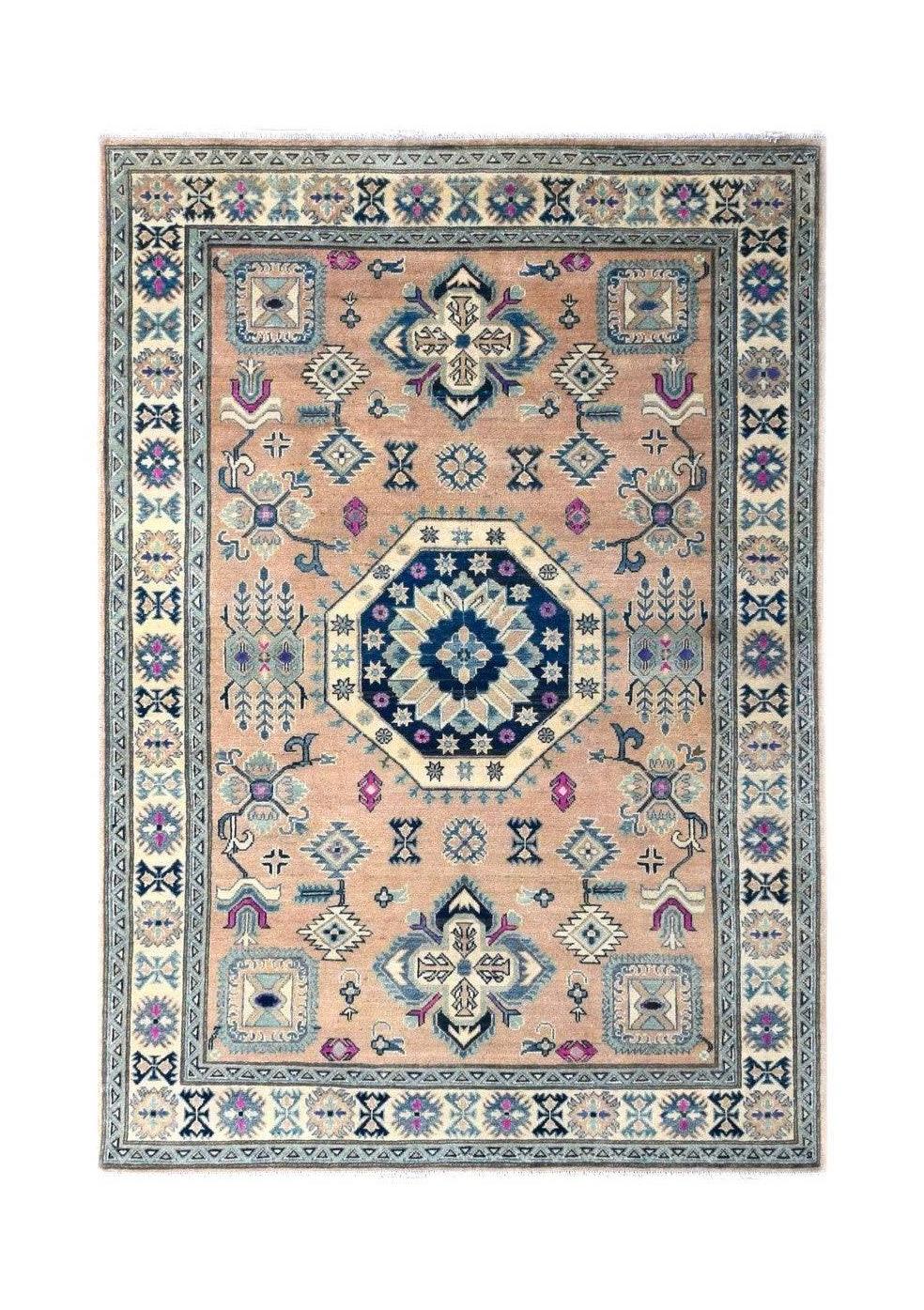 Handmade Afghan Kazakh rug featuring a central blue medallion on a beige field with geometric motifs.