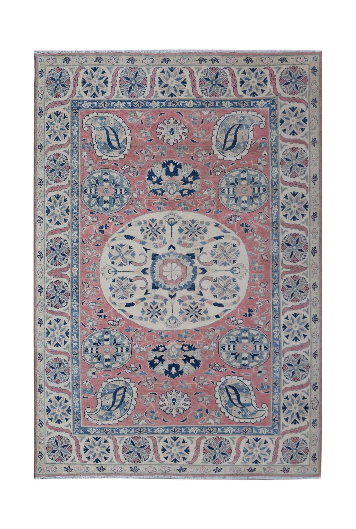Handmade Afghan Kazakh rug featuring a central medallion and paisley motifs in pink and blue tones.