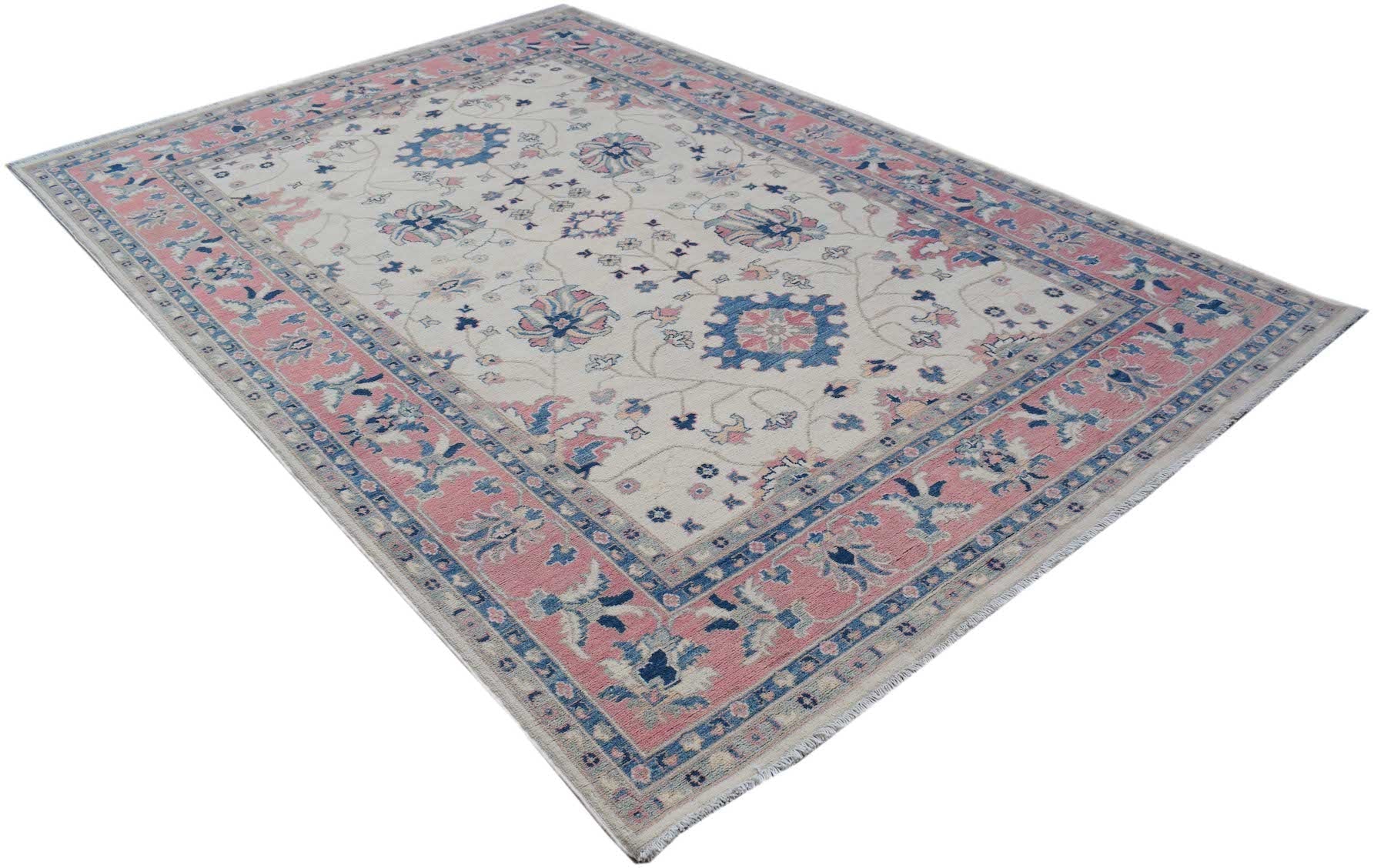 An Afghan Kazakh rug featuring traditional floral motifs in blue and pink on a cream background.