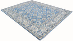 A handmade Afghan Kazakh rug featuring a repeating geometric pattern in shades of blue and beige.