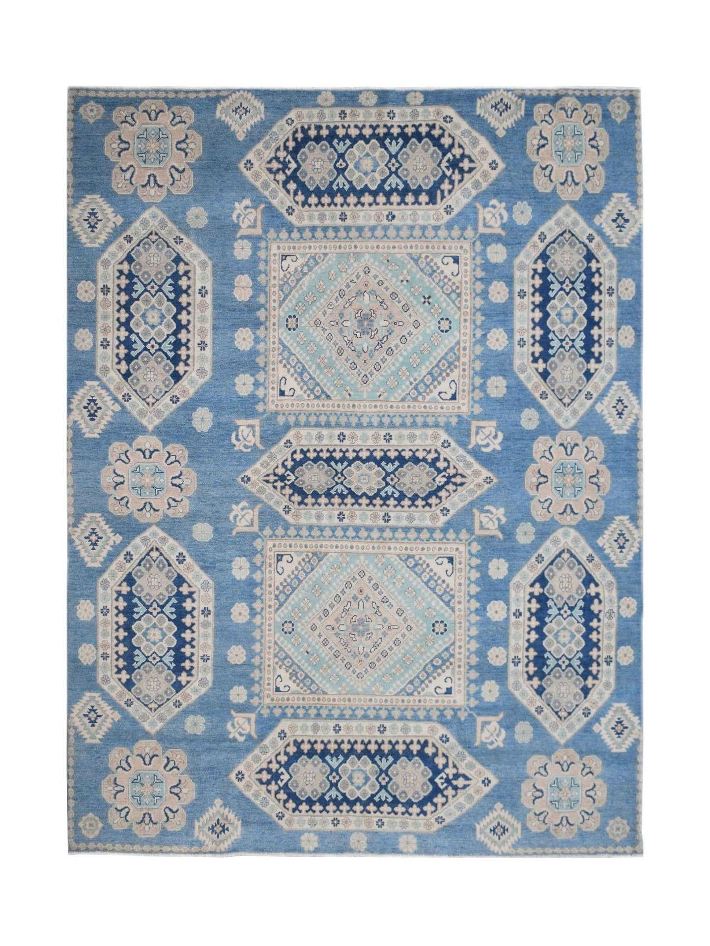 Handmade Afghan Kazakh rug featuring a geometric pattern in shades of blue, beige, and grey.