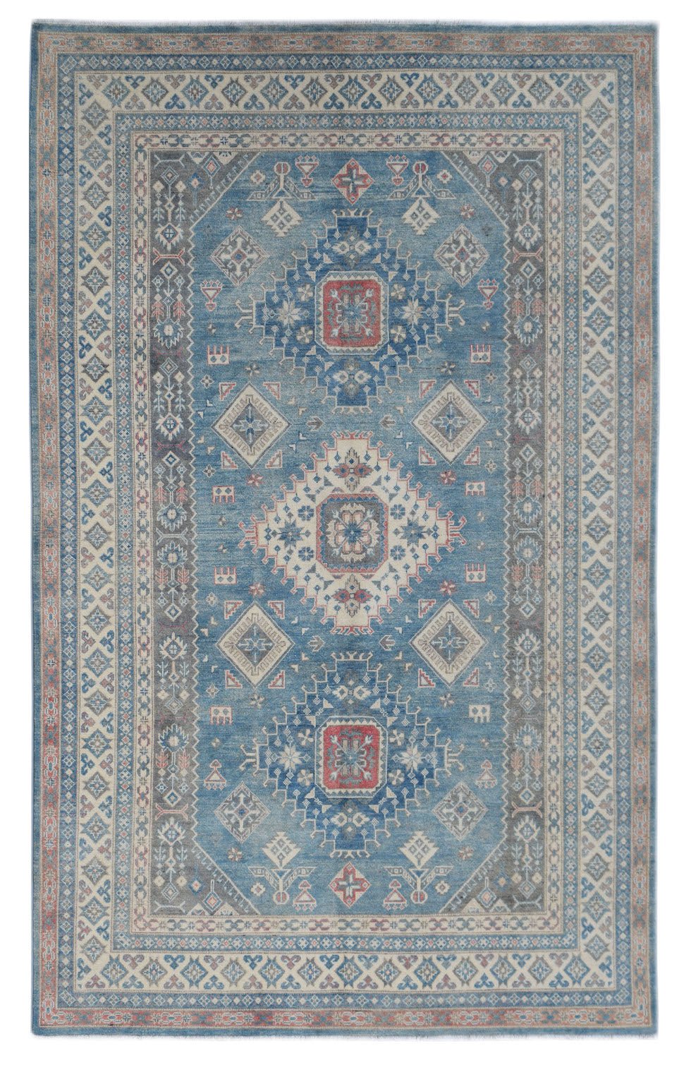 Handmade Afghan Kazakh rug featuring traditional geometric motifs in blue, cream, and red tones.