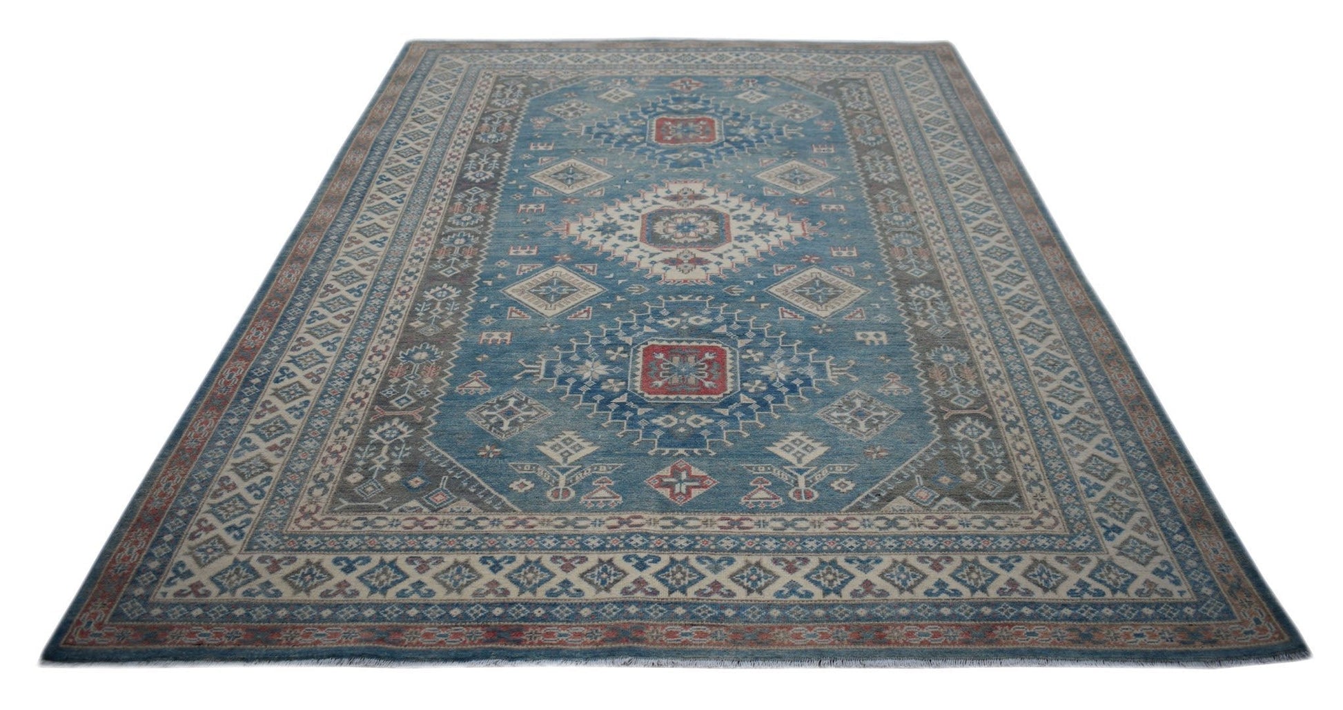 A handmade Afghan Kazakh rug featuring traditional geometric motifs in blue, red, and cream tones.