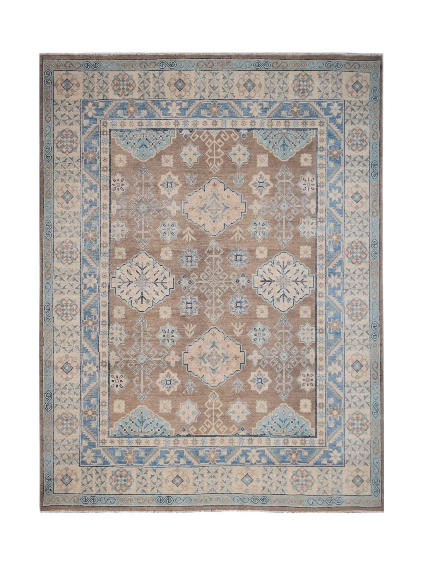 Handmade Afghan Kazakh rug featuring a beige field with blue and cream geometric floral motifs.