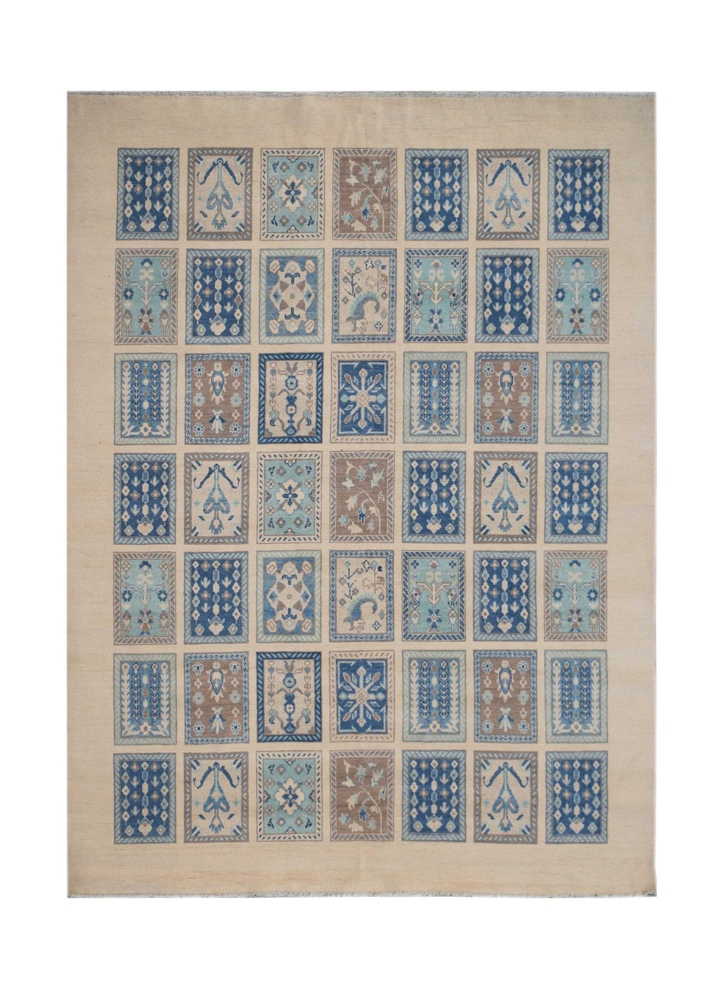Handmade Afghan Kazakh rug featuring a grid of rectangular panels in blue, brown, and cream tones.