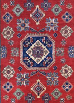 Handmade Afghan Kazakh rug featuring a geometric medallion pattern on a red wool background.