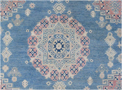 Handmade Afghan Kazakh rug featuring a central geometric medallion in blue, pink, and cream.