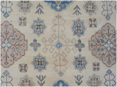 Handmade Afghan Kazakh rug featuring traditional geometric patterns in blue, pink, and cream.